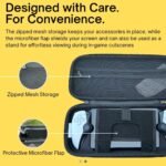 Interior view of Vaultica PlayStation Portal case featuring a zipped mesh storage pocket for accessories and a protective microfiber flap that doubles as a stand for hands-free viewing.