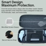 Open Vaultica carrying case for PlayStation Portal showing interior features: a mesh zipper pocket with a microfiber screen cleaner cloth and a secure velcro strap holding the PS Portal console in place.