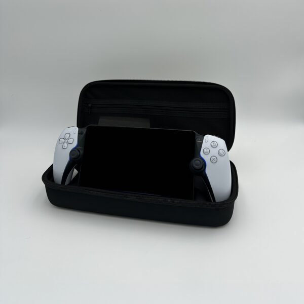 Open Vaultica carrying case on a white background showing a PlayStation Portal console perfectly secured inside the custom-molded interior, demonstrating the precise fit.