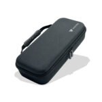 Studio shot of the Vaultica PlayStation Portal hard shell case angled on a white background, displaying the slim profile, double zipper closure, and reinforced rubberized carrying handle.