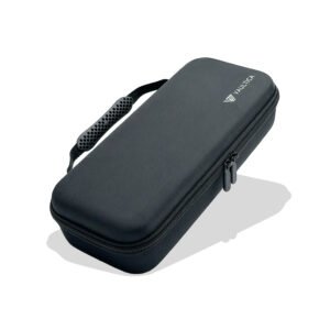 Studio shot of the Vaultica PlayStation Portal hard shell case angled on a white background, displaying the slim profile, double zipper closure, and reinforced rubberized carrying handle.